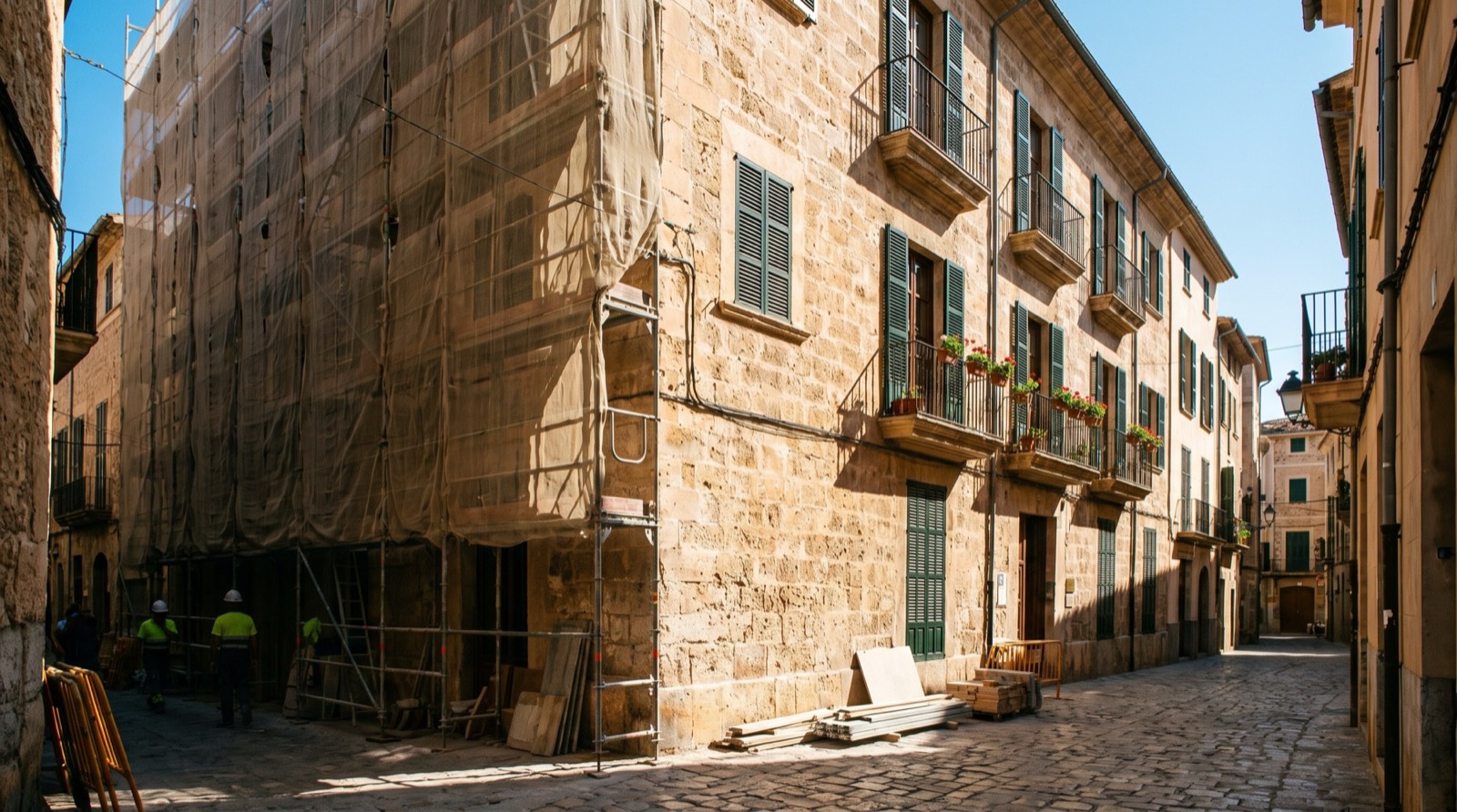 Fachada de un edificio en rehabilitación en el casco antiguo de Palma de Mallorca