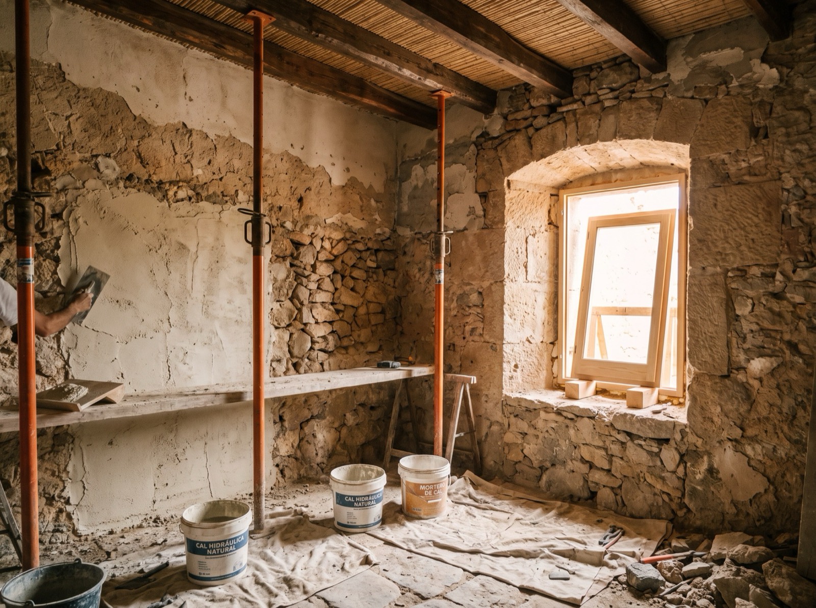 Muro de marès y piedra de una finca de Mallorca durante la reforma, con mortero de cal nuevo y vigas apuntaladas