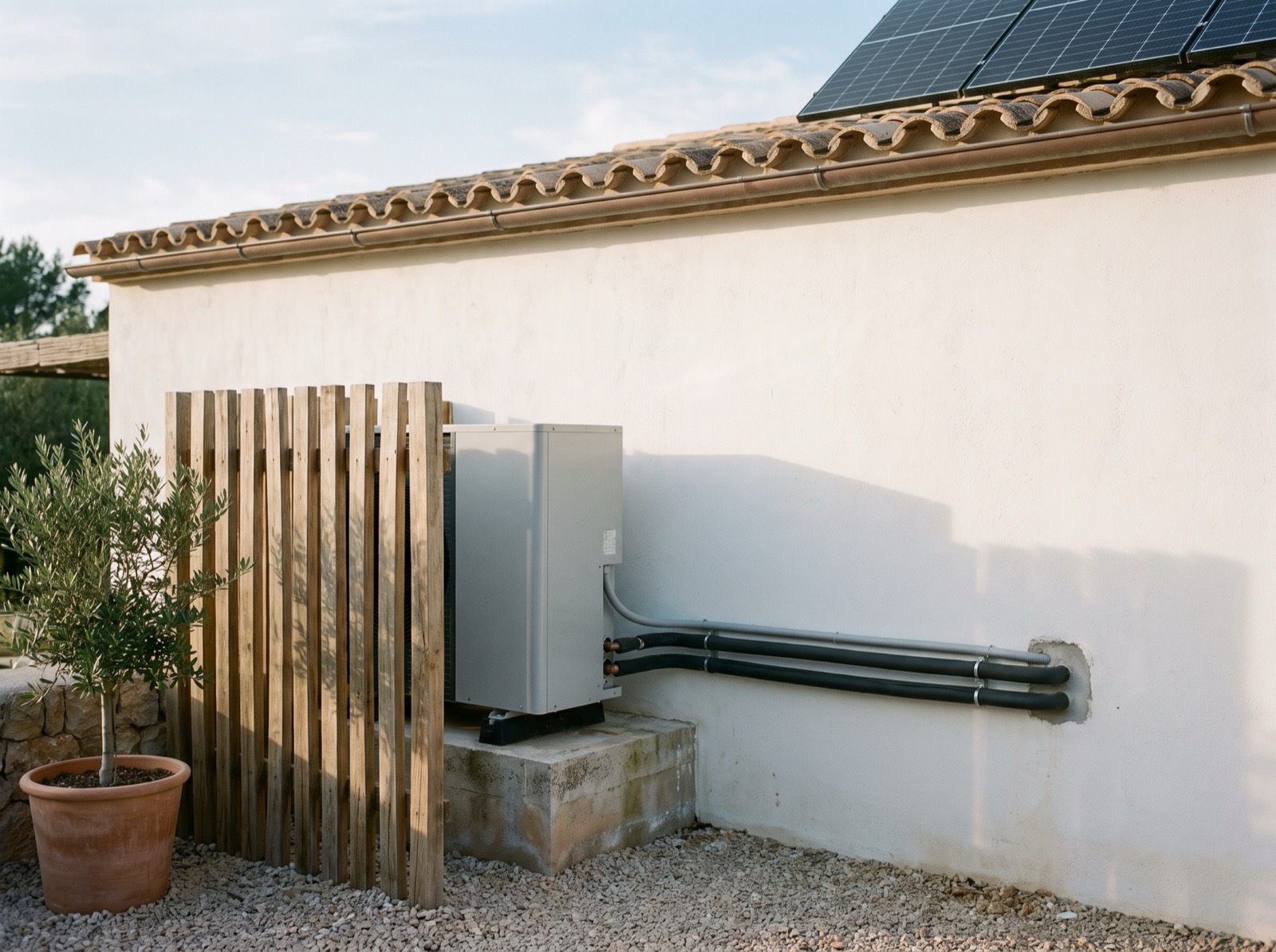 Heat pump outdoor unit behind a timber slat screen beside a villa wall in Mallorca, with insulated pipes running neatly into the wall