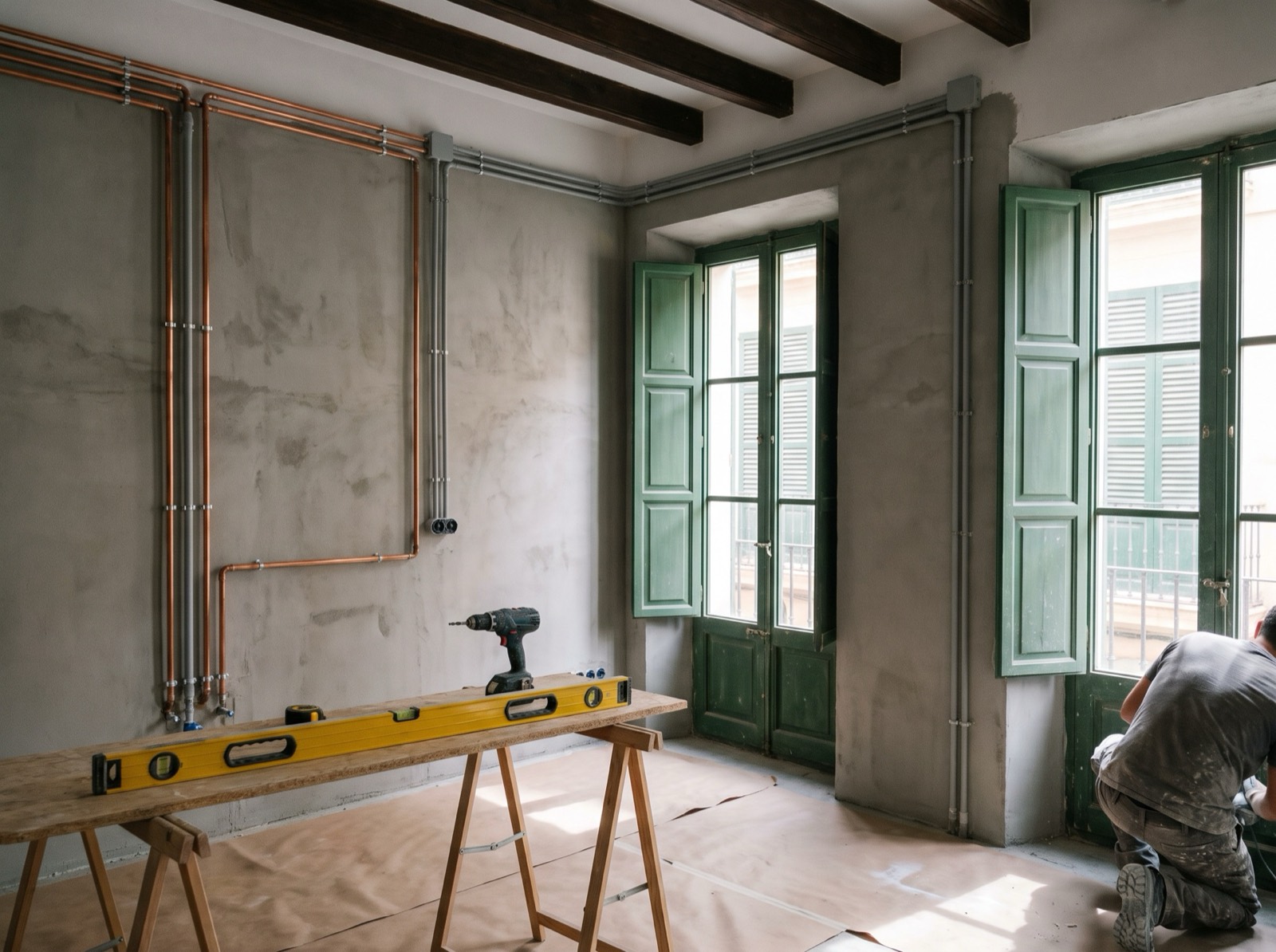 Piso en obra en Palma con las nuevas tuberías vistas, contraventanas verdes y un operario trabajando junto a la ventana